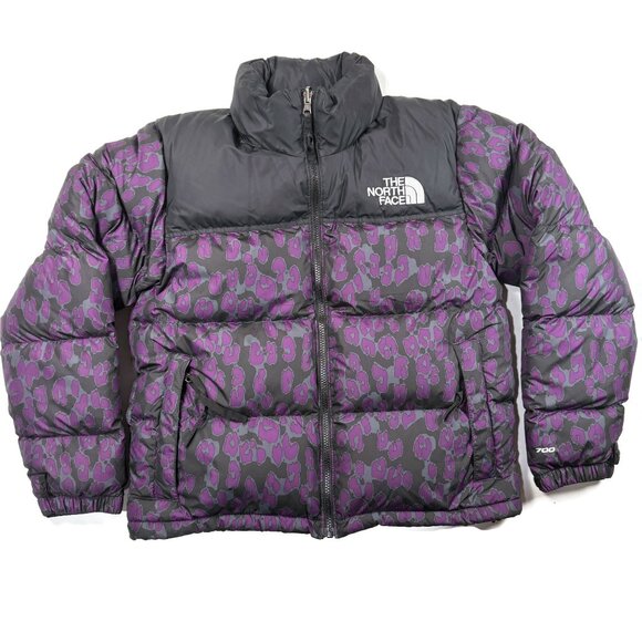 The North Face 1996 Retro Nuptse Printed 700 Down Jacket Purple Leopard Womens M - Picture 1 of 13
